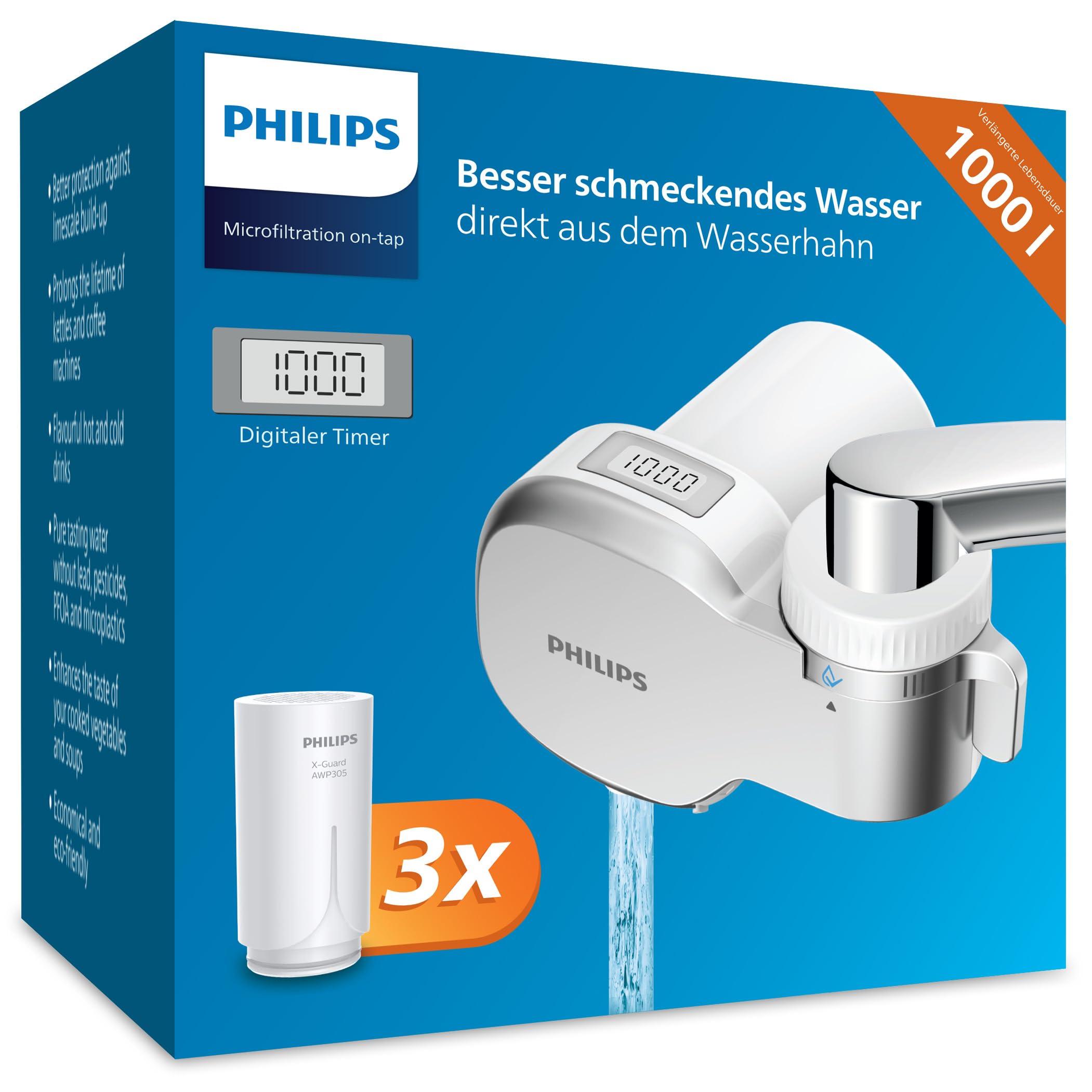 Philips Water Ontap Filter AWP3705P3/10 MICROFILTRATION mit DIGITALEM DISPLAY und 3 Ersatzkartuschen, 1000 L Filtrationskapazität