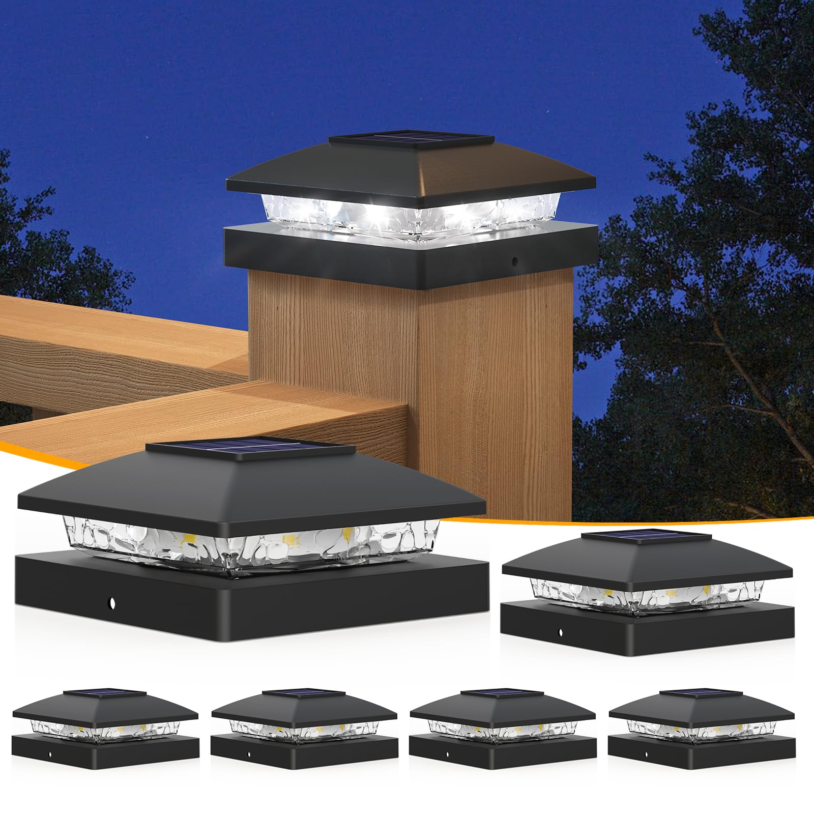APONUO Solar Post Cap Lights for 4x4 Posts - IP64 Waterproof, 6500K LED, No-Wire Fence Lights & Deck Lights for Patio Garden Yard Patio, Black-Cool White, 6 Pack