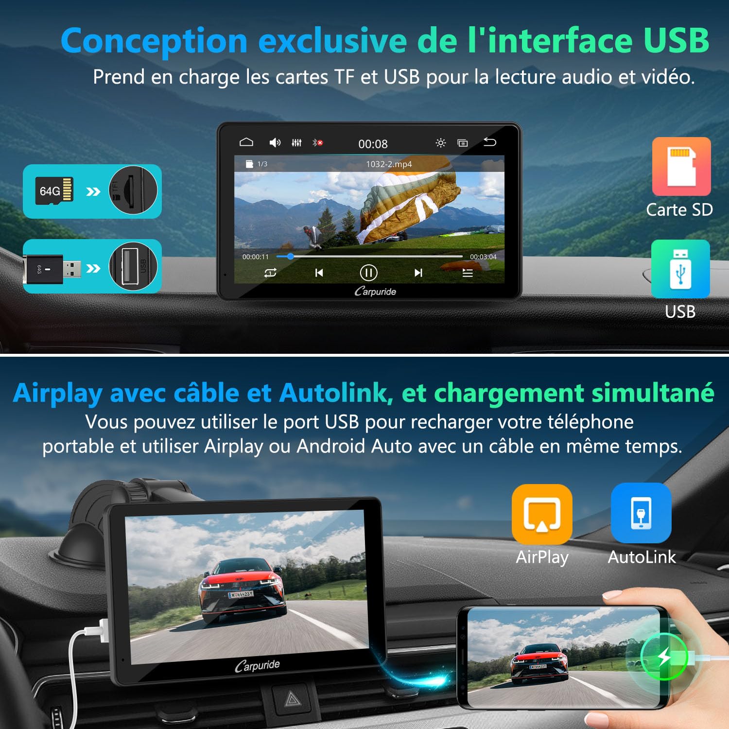 Carpuride Autoradio Portable sans Fil Carplay et Android Auto, 7 Pouces écran Tactile HD 1080p de avec BT 5.0, Support de Liaison Miroir pour Camion, véhicule récréatif