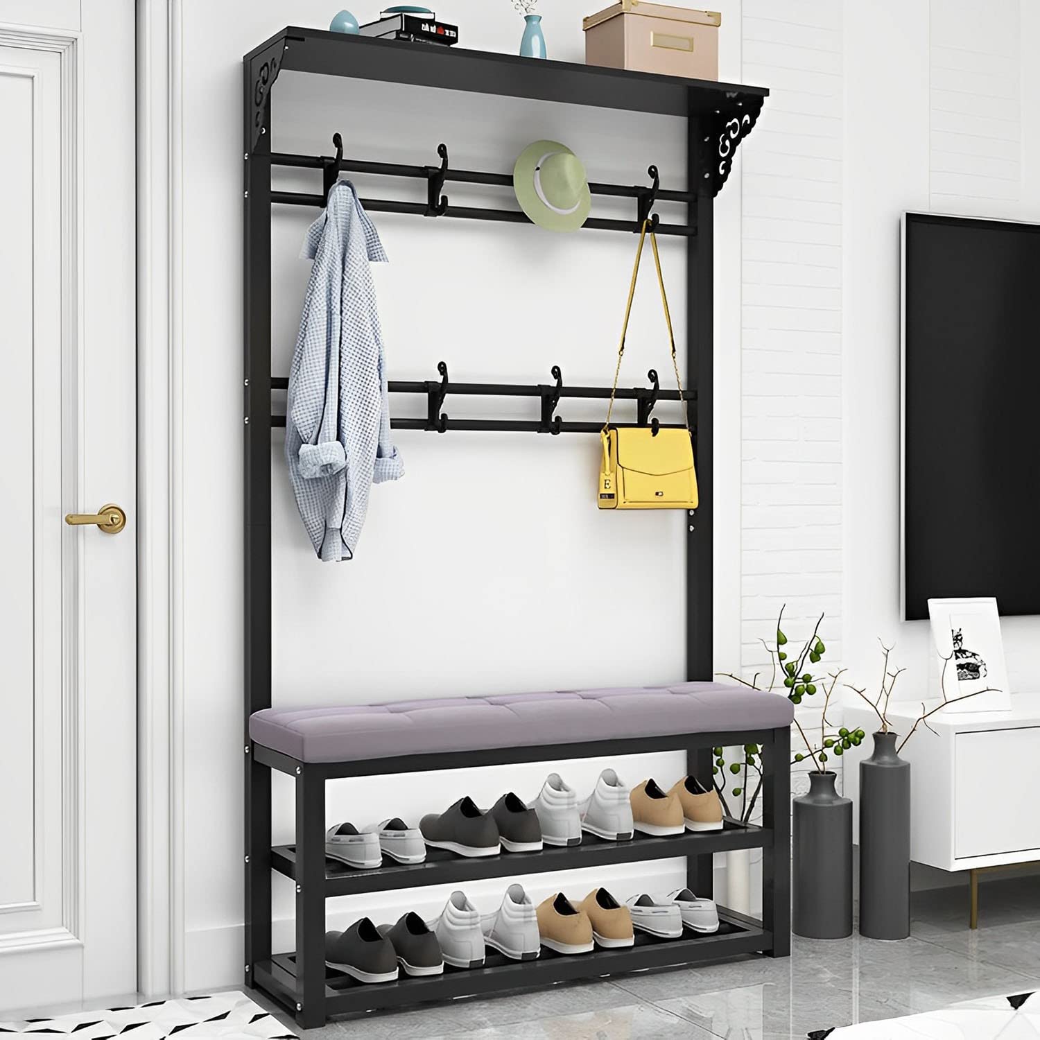 Porte-manteau avec banc et rangement à chaussures en métal noir pour entrée