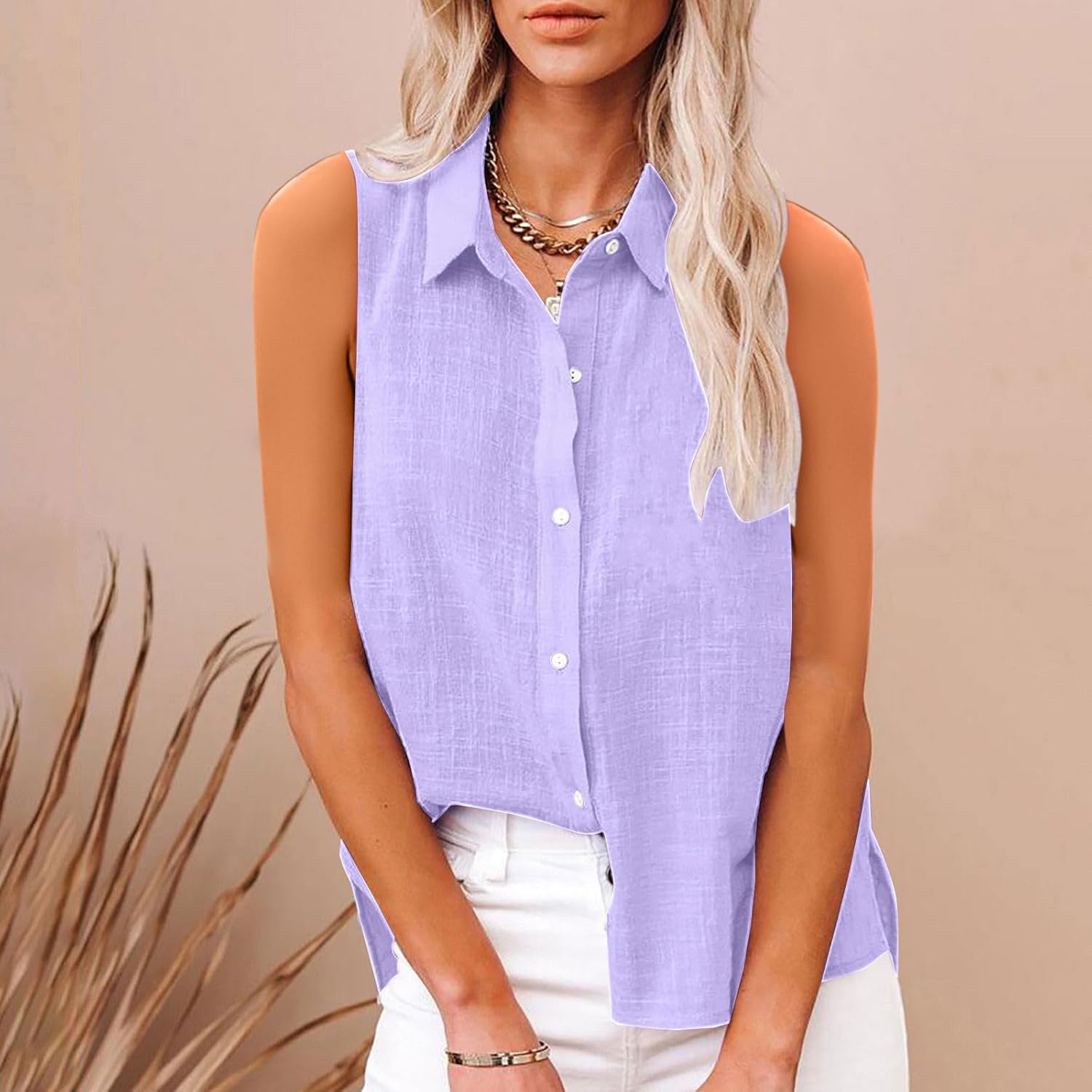 Women Sleeveless Linen Button Down Shirt Casual Lightweight Cotton Linen Blouses Summer Beach Tops with Collar