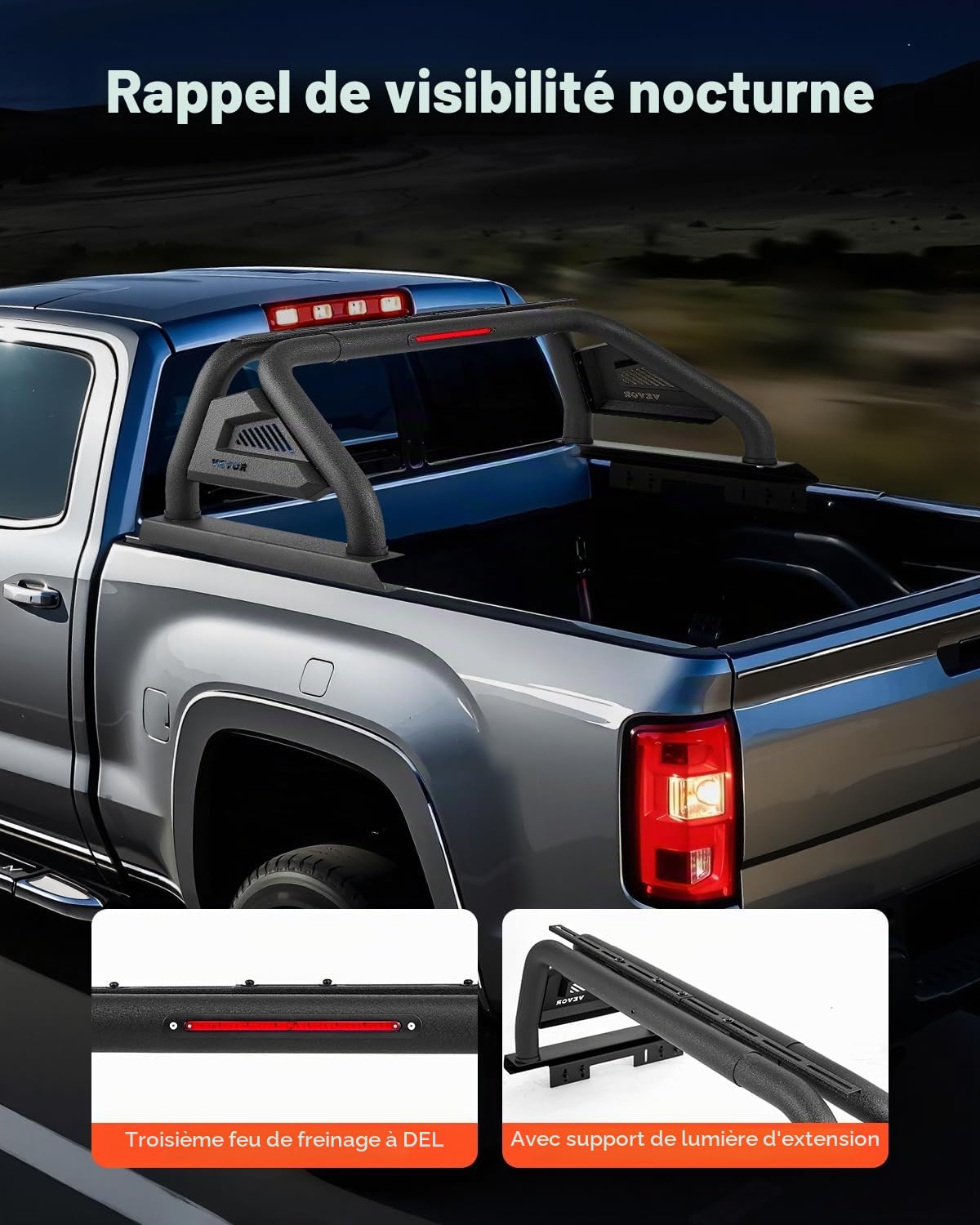 VEVOR Arceau de Sécurité Arrière pour Pick-up, Barre de Benne Réglable Universel, Compatible avec les Camions de Taille Moyenne, Construction en Acier au Carbone avec Feux LED, Support Non Inclus