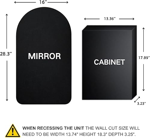 Miniatura 3 de Botiquín de baño empotrado en arco negro mate con espejo de acero inoxidable con marco de metal rectangular con espejo de 16 x 28.3 pulgadas