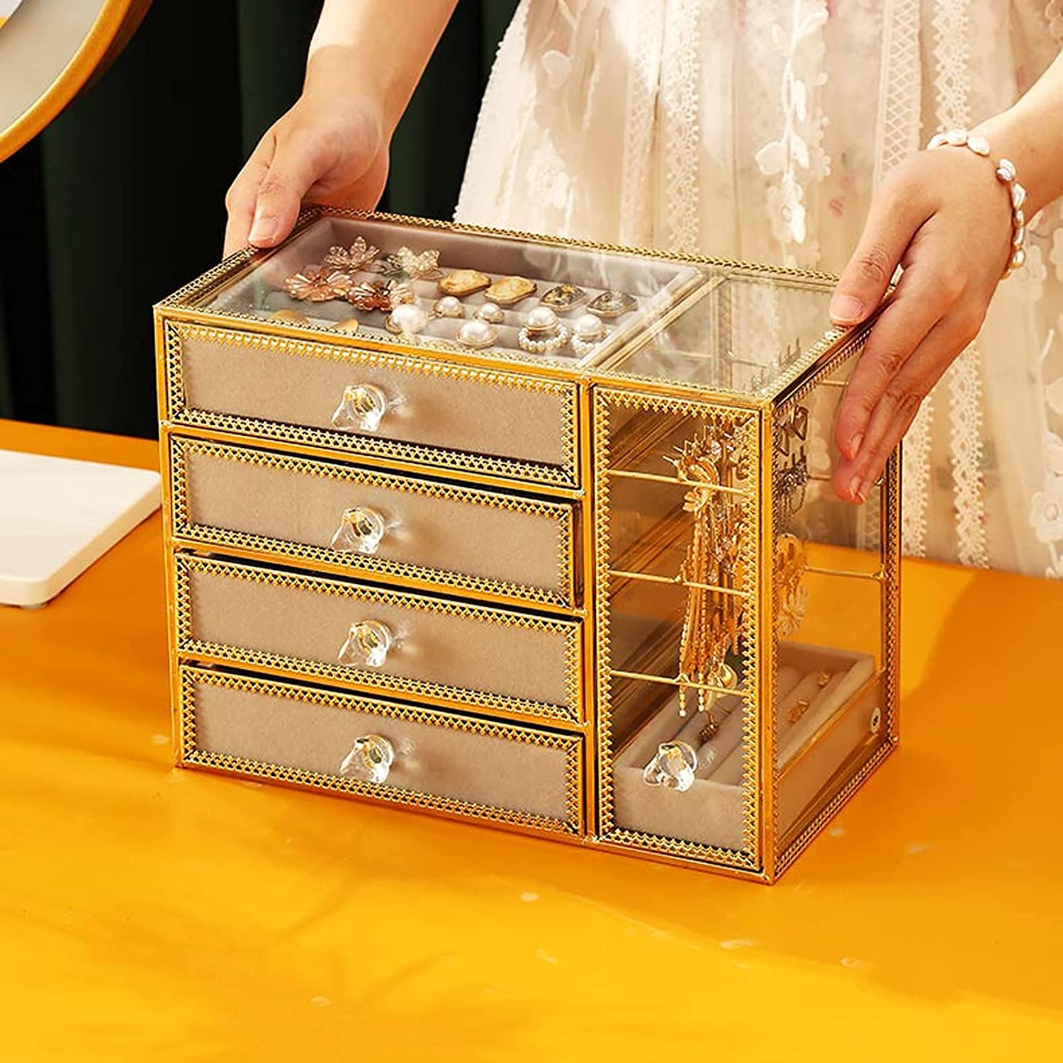 Jewelry nizer Scatola per gioielli Scatola per gioielli in vetro Scatola per gioielli europea Custodia per collana Orecchini Anello Contenitori artigianali Scatola per gioielli per gioielli da donna