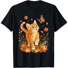 Orange Tabby Cat Butterfly Fall Leaves Autumn Floral Art T-Shirt