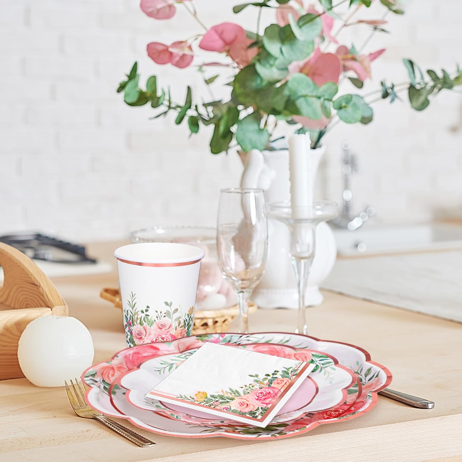 Whaline Floral Tableware Set Pink Flower Rose Gold Foil Disposable Party Supplies 9" & 7" Plate, 6.5" Napkin, Cup for 25 Guests Spring Wedding Bridal Baby Shower Birthday thumbnail
