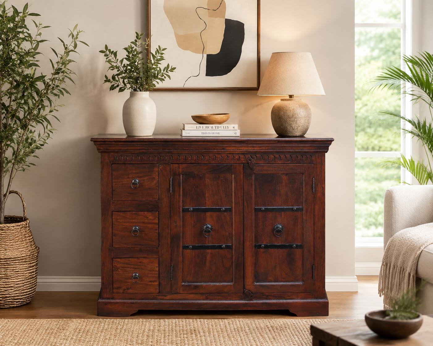 Solid Wood Sideboard Cabinet | Storage Cabinet with 3 Drawers & 2 Doors | Rustic Farmhouse Buffet Cabinet for Living Room, Dining Room & Entryway | Walnut Brown | 106 × 50 × 85 cm-image-30