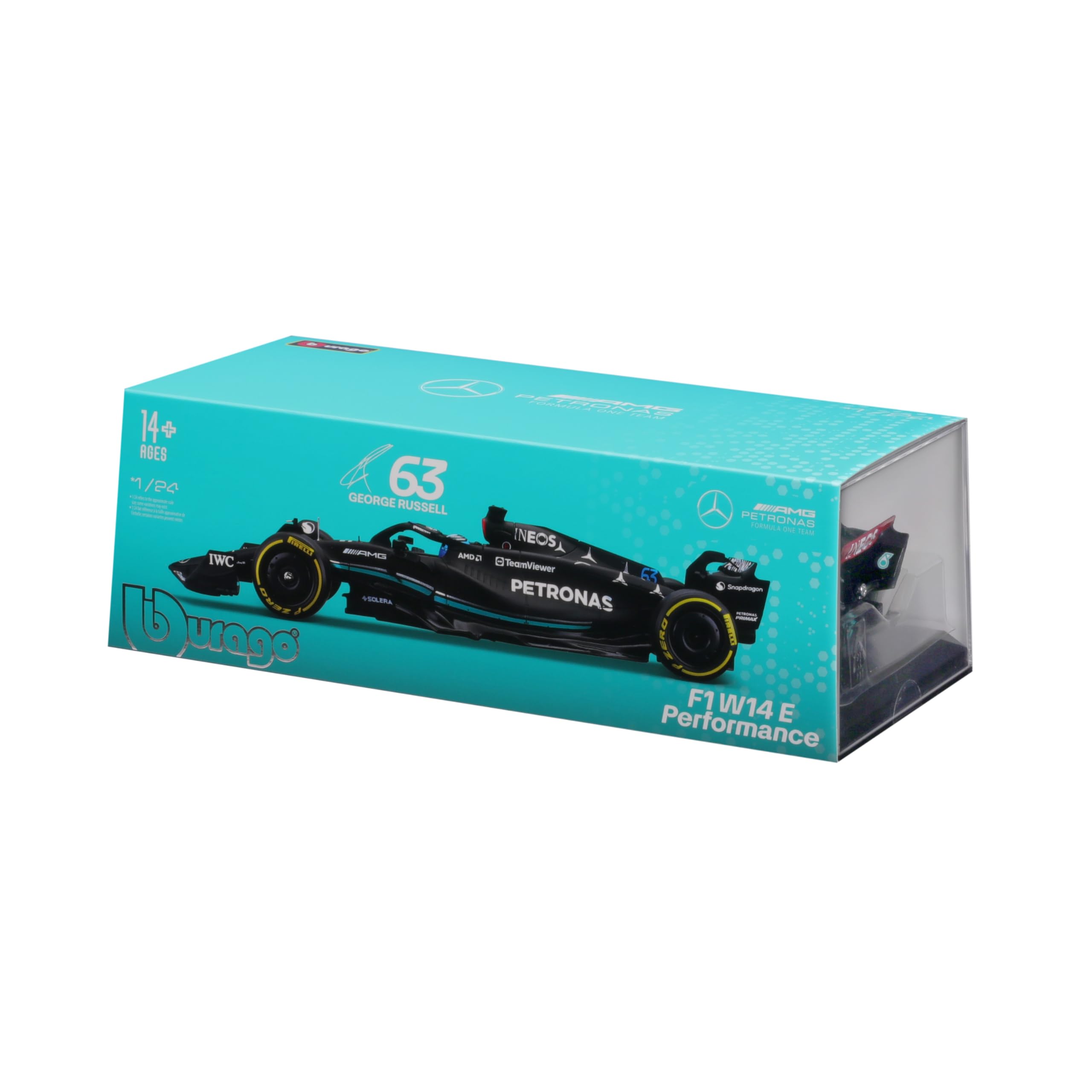 Bburago - 1/24 Racing - 2023 Mercedes-AMG F1 W14 E-Performance - con Casco #Russell - Novedad 2024: Una réplica precisa para Los Fans de Las Carreras, capturando el espíritu de la competición