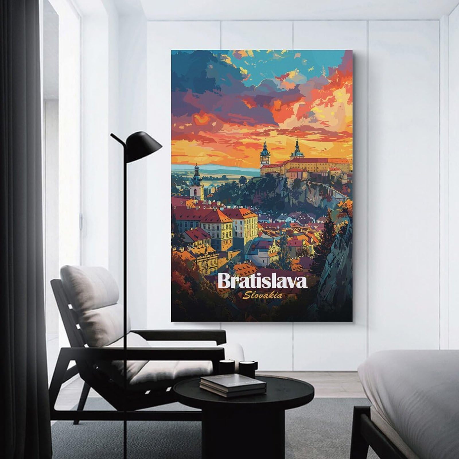 Junmoney Bratislava Cityscape Sunset Canvas Wall Decor, 24x36inch(60x90cm), for Apartment Walls, Studios Or Work Areas, Decorative Canvas Decor for Home Updates