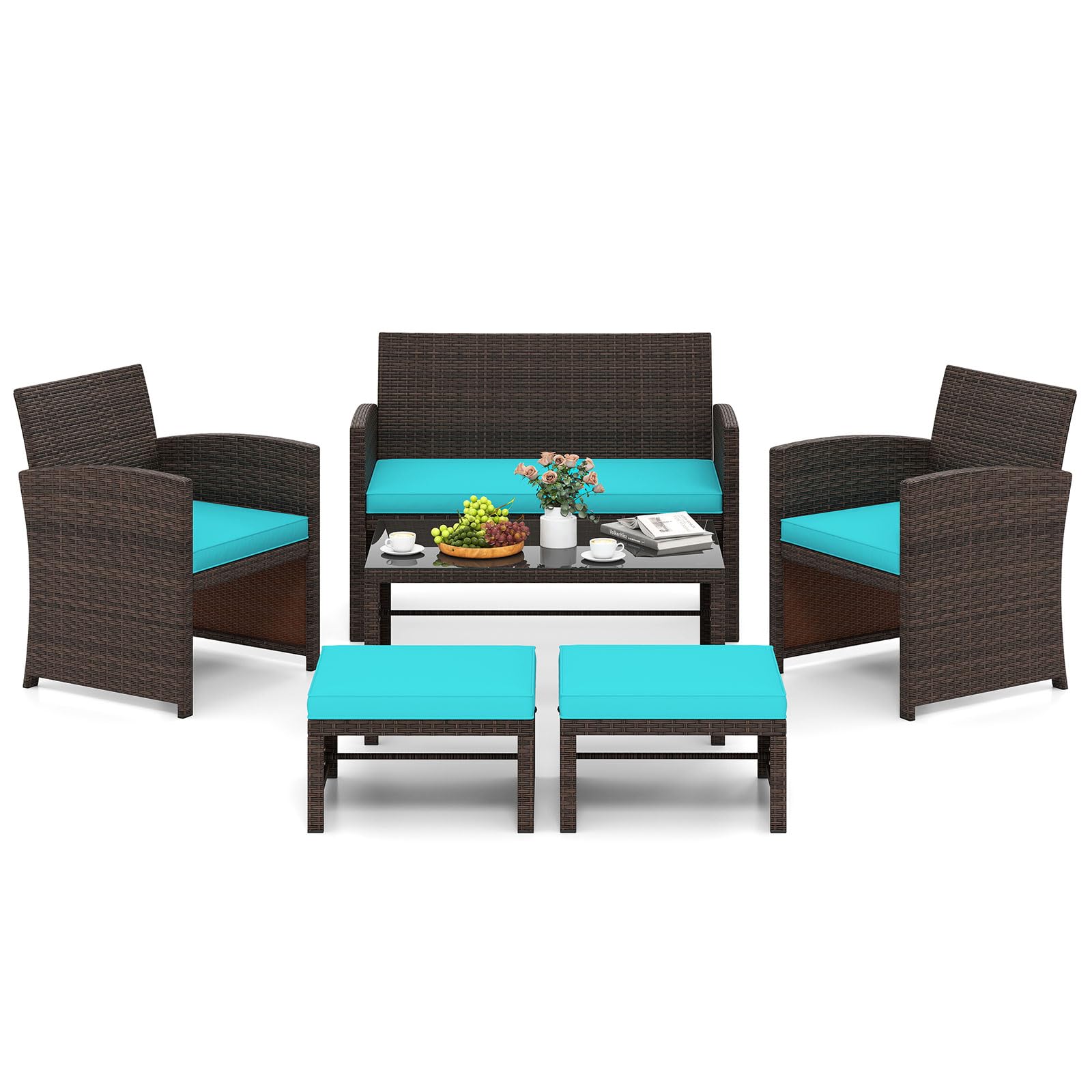 Tangkula 6 Pieces Patio Furniture Set, Outdoor Sectional Conversation PE Rattan Sofa Set with 1 Loveseat, 1 Coffee Table, 2 Armchairs and 2 Ottomans