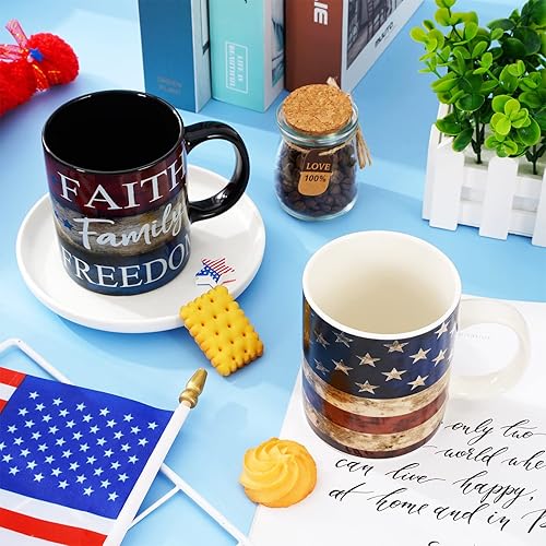 Miniatura 3 de Whaline 2 tazas patrióticas de cerámica para el 4 de julio, tazas de café con estampado de estrellas y rayas de la bandera estadounidense vintage