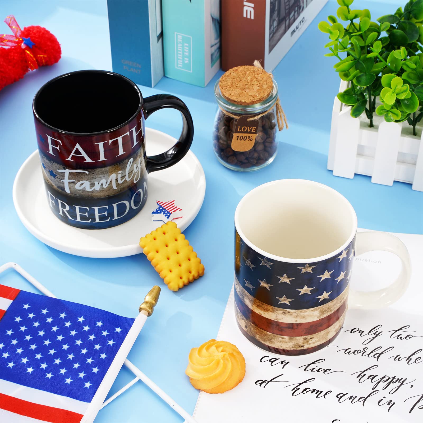 Patriotische Keramik-Tassen – 2 Stück, 340 Ml, Mit US-Flaggen-Design, Sternen & Streifen, Für 4. Juli, Geschenk Oder Deko