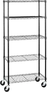 Amazon Basics 5-Shelf Adjustable, Heavy Duty Storage Shelving Unit on 4'' Wheel Casters, Metal Organizer Wire Rack, 30" L x 14" W x 64.75" H, Black
