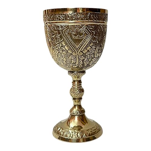 Morcomart Handmade Brass Wine Chalice Goblet – Artisanal Craftsmanship, Antique Vintage Design – Elegant Cups for Wedding, Church, Festive Events (Polished Brass)