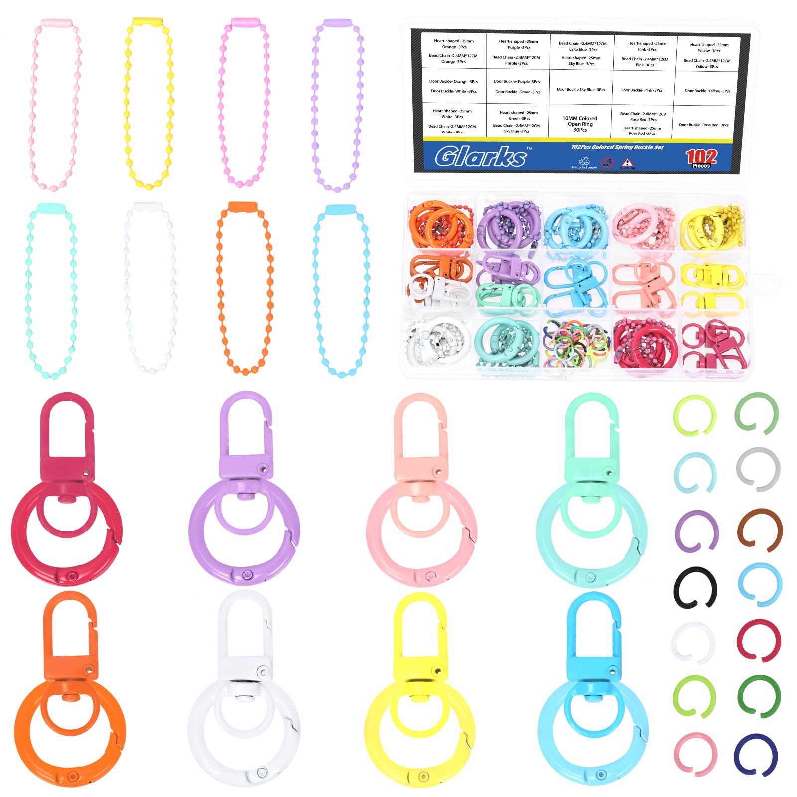 Glarks 102pcs 28mm Round Keychain Clip and Swivel Lobster Claw Clasp Kit, 24pcs 8 Colors Keyring Round Carabiner, 24pcs Swivel Lanyard Snap Hook Clip,Ball Bulk Chain, 30pcs Open Jump Rings