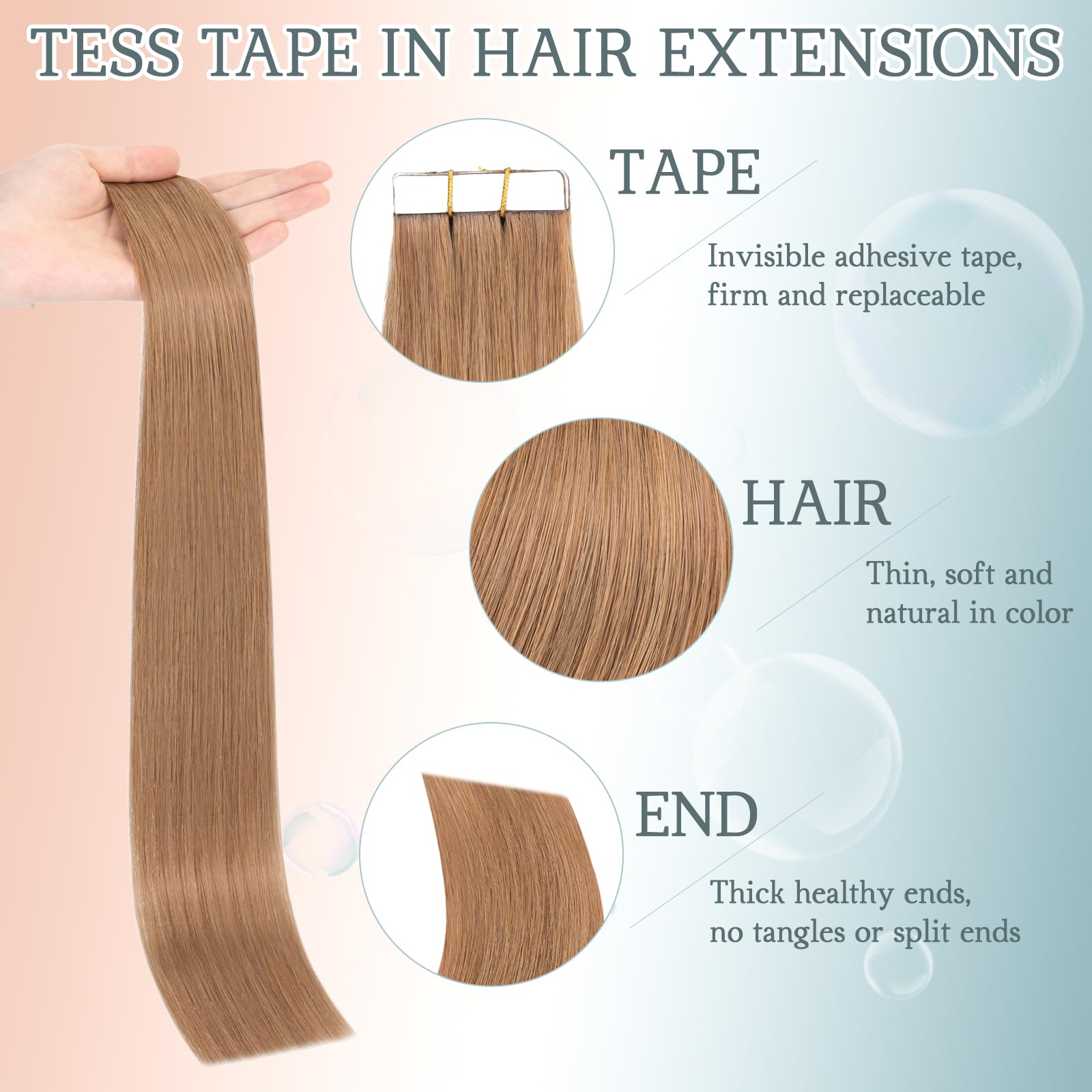 TESS Hair Extensions Tape In Real Human Hair Invisible Thin Type 10 Pcs 15G Lightweight For Highlight Straight Short - Image 3
