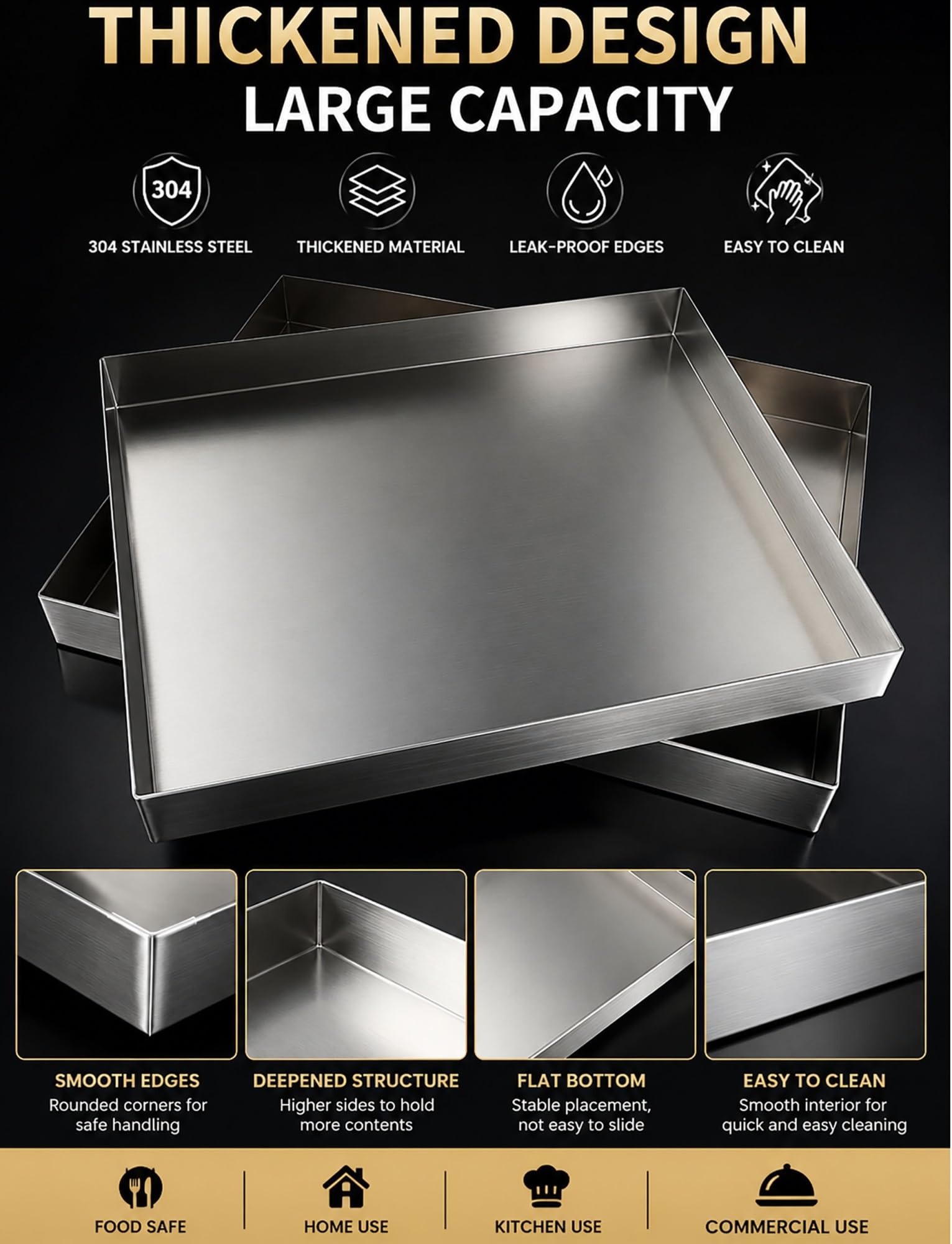 Vassoio rettangolare in acciaio inossidabile 304, a tenuta stagna, fondo piatto resistente, altezza 5 cm, per cucina o uso commerciale, 60 x 100 x 5 cm