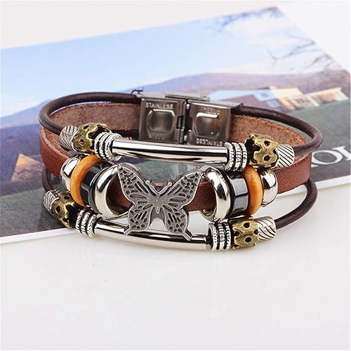 Miniatura 4 de MALOYANVE Pulseras de cuero bohemio para hombres y mujeres, estilo vintage, punk, aleación de mariposa, llave de mariposa, ajustable, con cuentas,