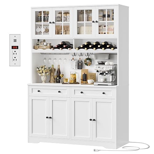 HOSTACK 75' Kitchen Pantry Storage Cabinet, Coffee Bar Hutch Cabinet, White | Tall Pantry Cabinet with Charging Station
