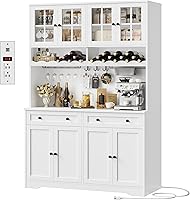 HOSTACK 75.4" White Kitchen Pantry Cabinet with Charging Station, Microwave Stand, Wine Racks & Glass Doors