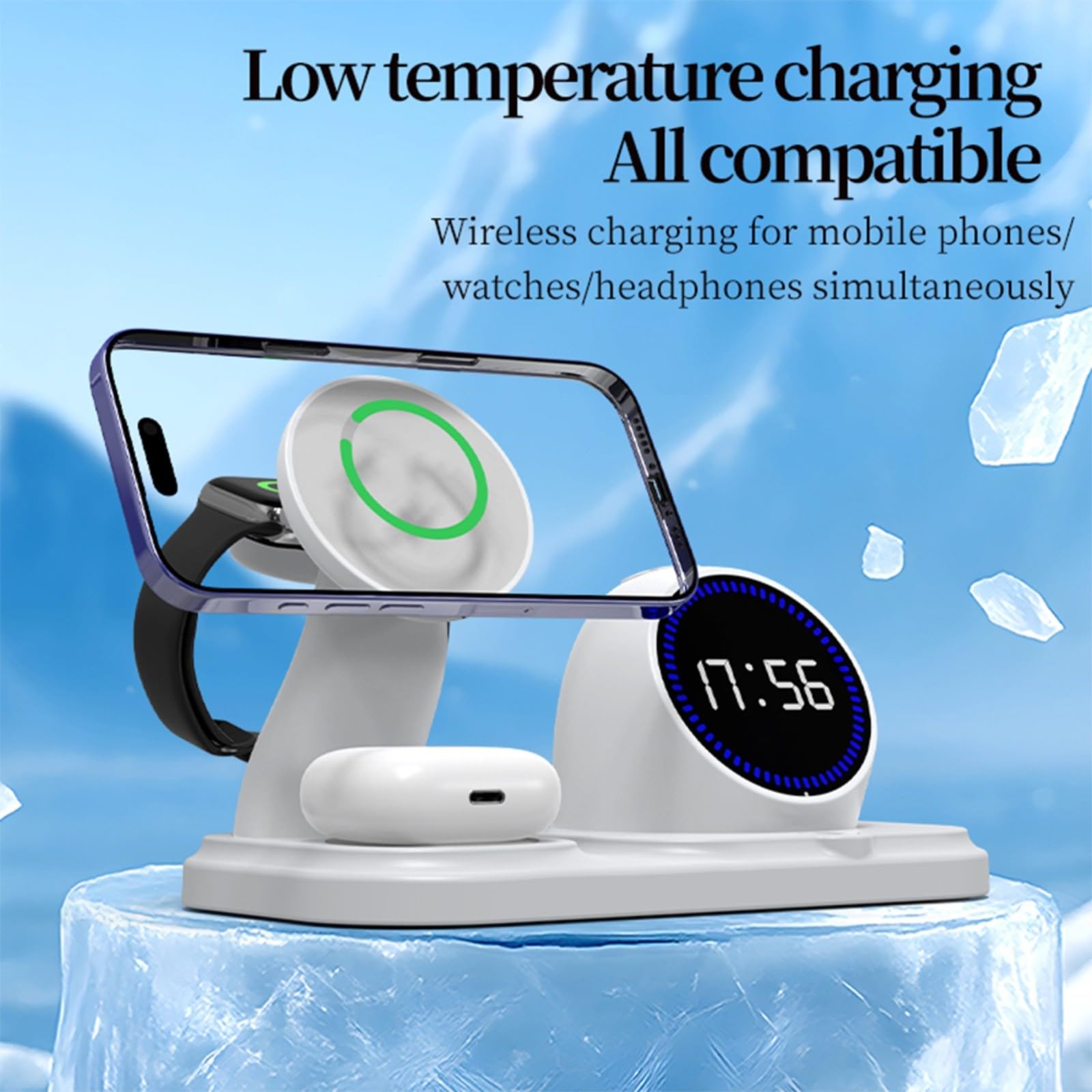 Stazione di ricarica wireless con sveglia, altoparlante magnetico con luce RGB, compatibile con iPhone/orologio/Airpods, organizer da comodino, nero (nero)