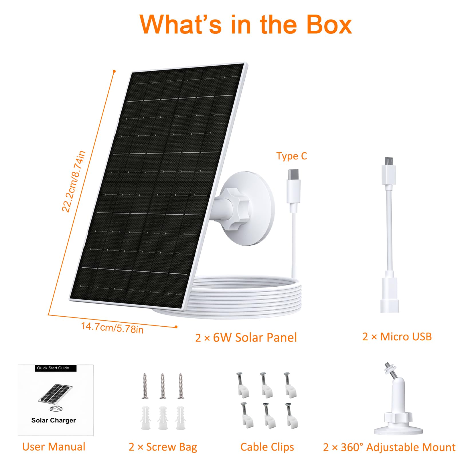 FUTUREZEN Panel słoneczny 6 W do kamery Arlo, ładowarka solarna 5 V USB/typu C, kompatybilna z aparatami Arlo Essential 2K (2. generacji), Essential XL i Spotlight, kabel 3 m, wodoodporny, regulowany