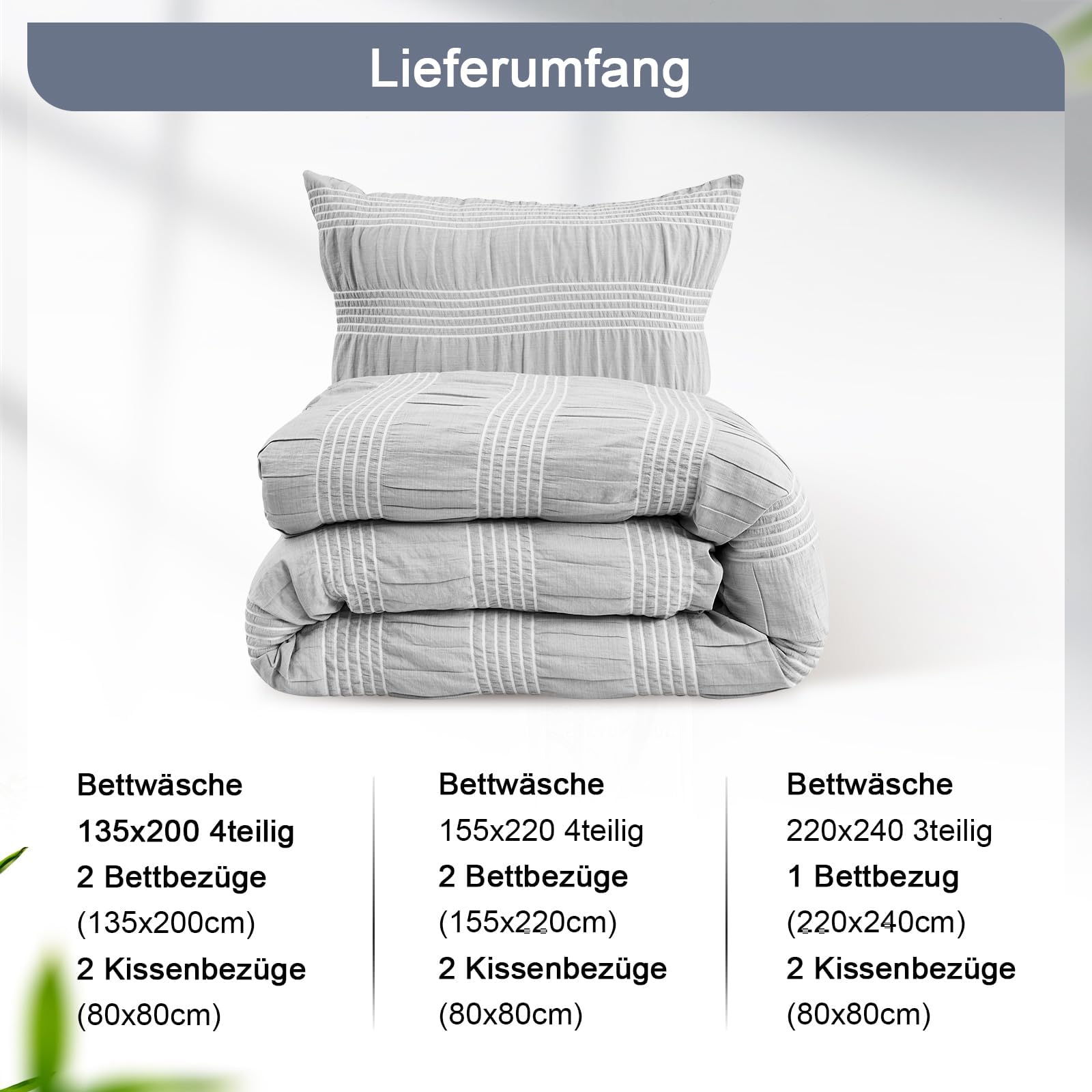 Qucover Bettwäsche 155x220cm,Seersucker Bettwäsche 4teilig Grau Mikrofaser | Bettwäsche-Sets, 2 Bettbezüge 155x220 cm + 2 Kissenbezüge 80X80 cm, Bügelfrei Kuschel Bettwäsche mit Reißverschluss