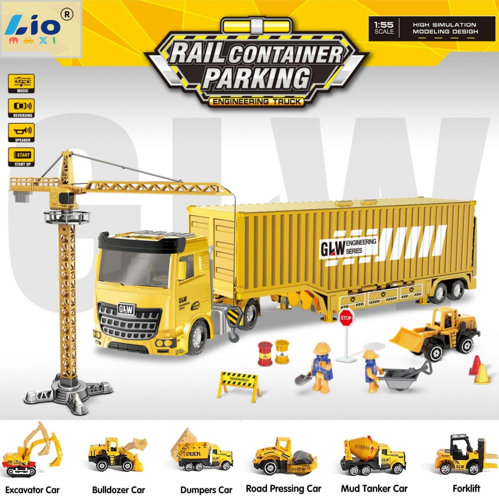 Camion da Cantiere Giocattolo per Bambini con Escavatore Costruzione Torre Gru Effetti di Musica Luce Camion Betoniera Veicoli da Cantiere
