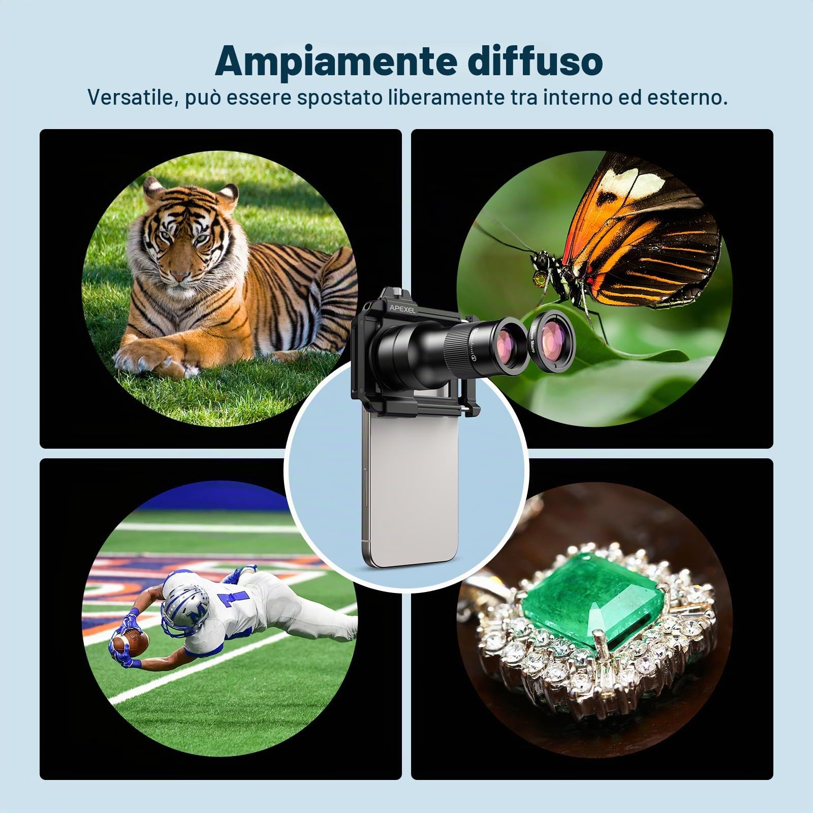 APEXEL Teleobiettivo HD 6X con messa a fuoco fissa e clip universale migliorata, obiettivo macro da 150 mm, pratico set di obiettivi, compatibile con la maggior parte dei telefoni cellulari