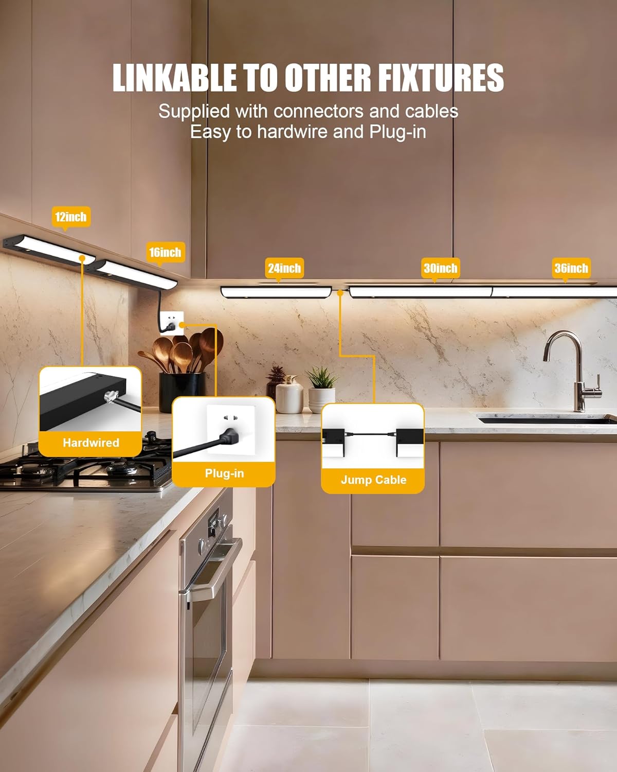 Hardwired Under Cabinet Lighting, 24 inch LED Under Counter Lights for Kitchen, CRI 97, 120V, 16W, 1400Lm 3CCT Dimmable Linkable Under Cabinet Lights with Power Cord and Linked Cord, Black