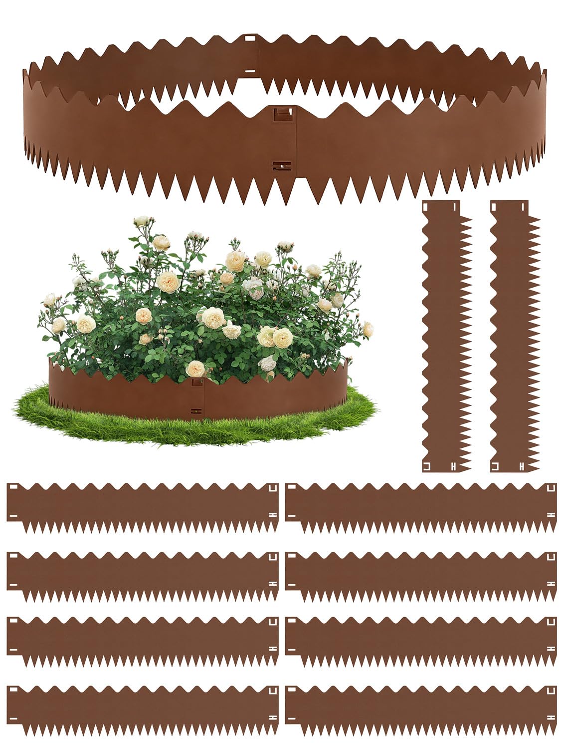 papasbox 10Pack Lawn Edging, 107.5 * 20cm Wave garden edging border, Flexible Garden Edging, Corten Steel Heavy Duty LawnEdging, metal lawnedging-No-Dig Hammer-in-Grass Landscaping Pathway Edge Strip