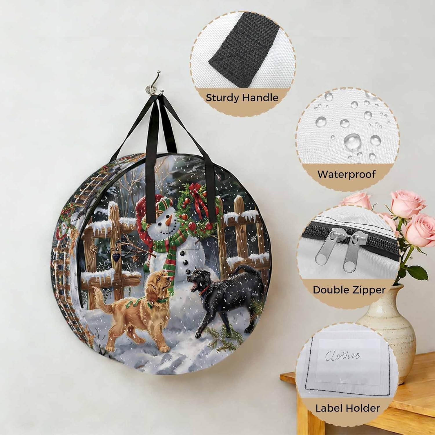 Christmas Xmas Round Storage Bag 36 Inch, Wreath Snowman Cute Dog Winter Clothes Storage Container with Handles Heavy Duty Organizer for Comforter, Bedding & Holiday Wreaths