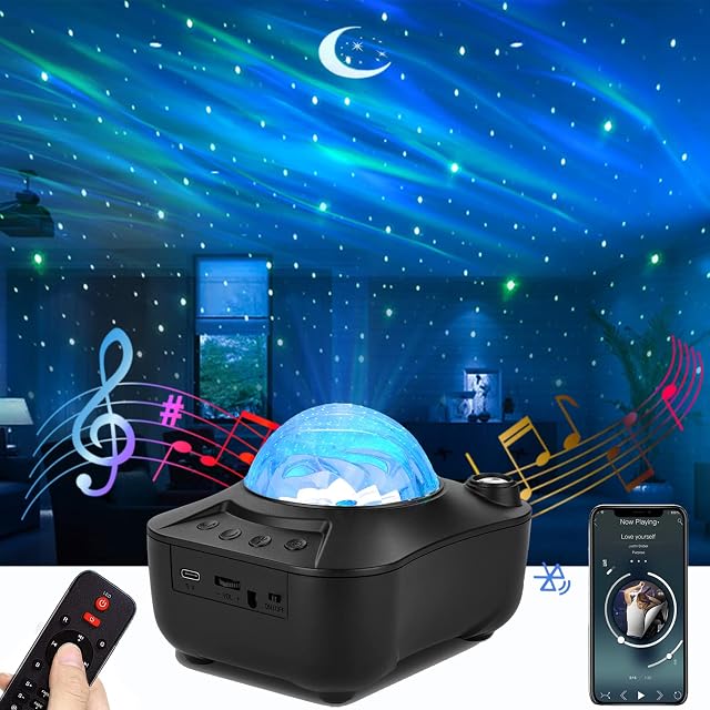 ABsuper Aurora Star Projector, LED Moon Starry Night Light w/ White Noise, Speaker,Sound Sensor,Sleep Soothing Color Changing Lamp Baby Kids Adult Room Bedroom Decoration Xmas Gift, Black (WD001)