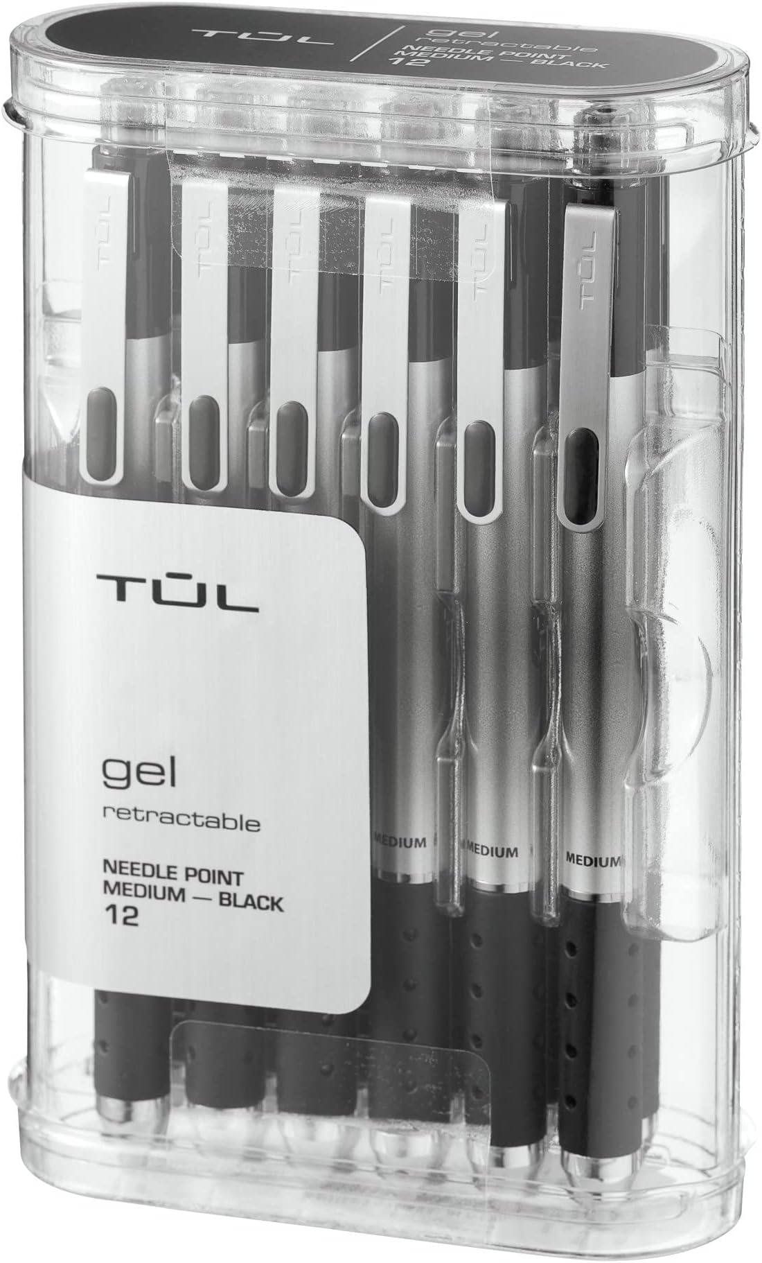 TUL GL1 Retractable Gel Pen, Needle Point, 0.7 mm, Gray Barrel, Black Ink, Pack of 12