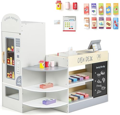 Miniatura 8 de Costzon Juego de tienda de comestibles para niños, tienda de juegos de simulación de madera con pizarra, caja registradora, máquina expendedora