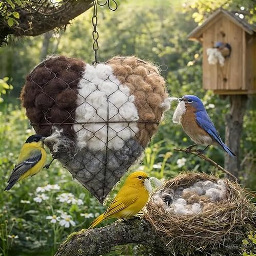 Handmade Fiber Bird Nesting Heart, Alpaca Fiber Bird Material House, Refillable Hummingbird Nest Holder, Winter Fowl Gifts Animal Hummingbirds Lovers Home Garden Yard