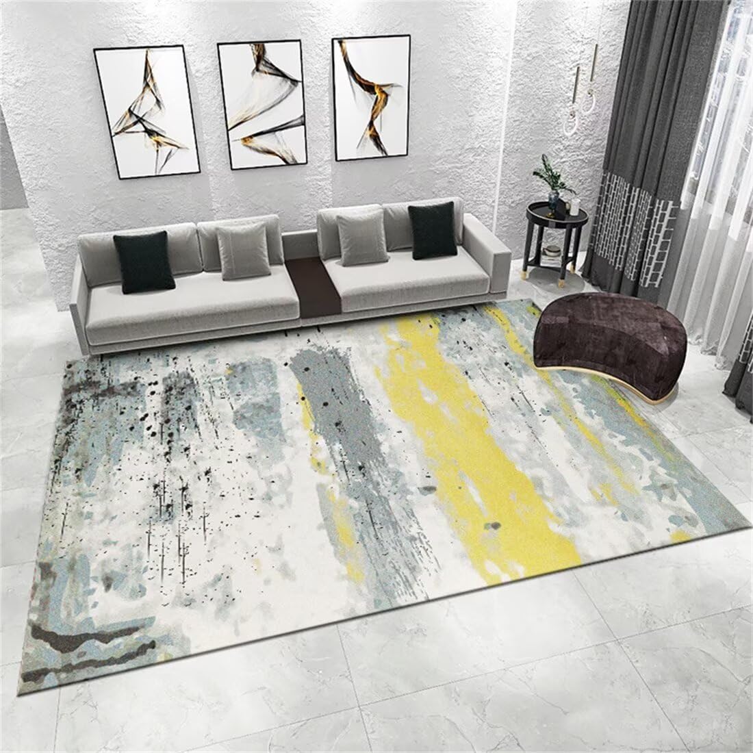 Tapis de salon lavable 180x260cm jaune anti-tache pour maison et enfants