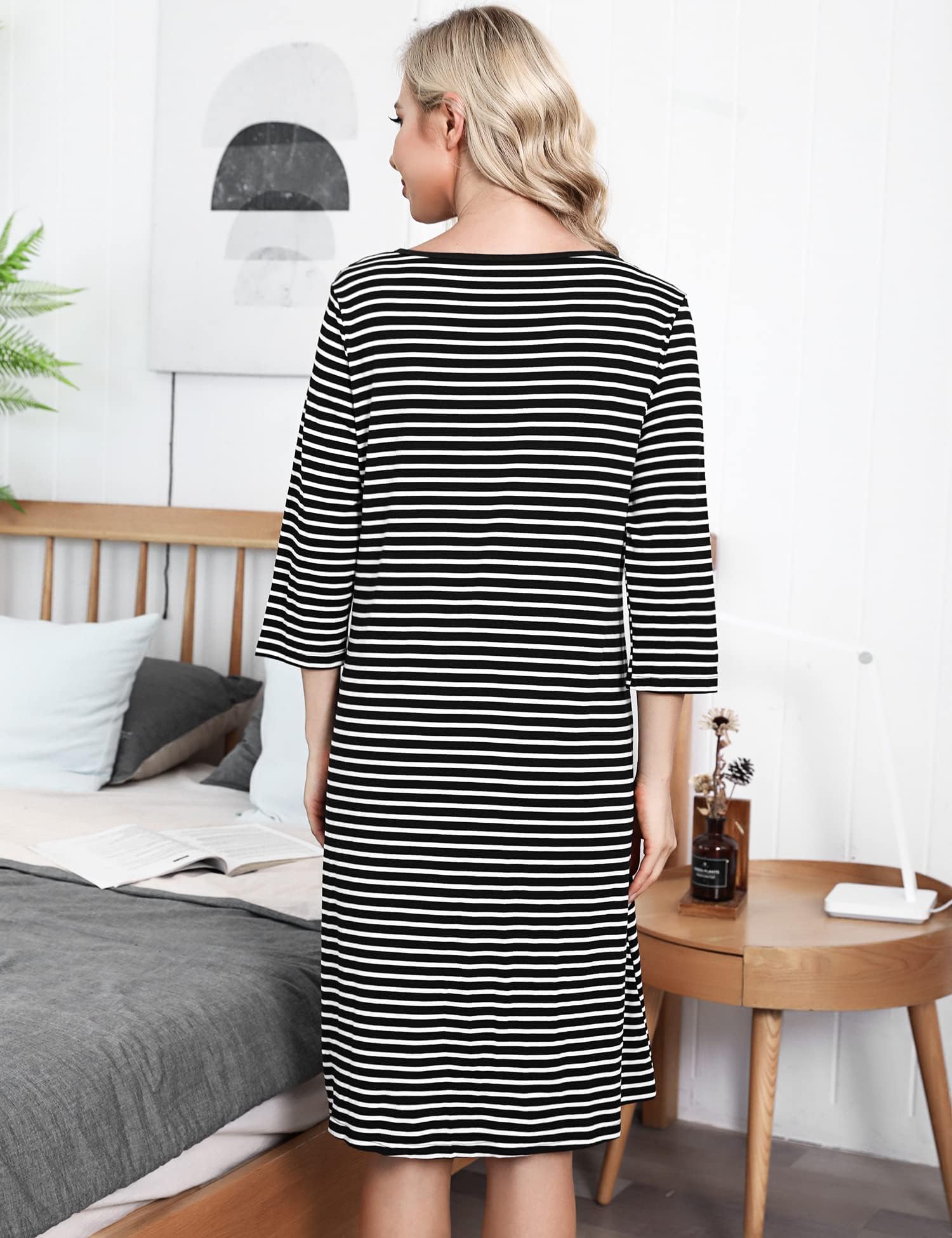 Marvmys Camisón de Lactancia Algodón Camisón Hospital Lactancia Verano con Botones a Rayas Camisón Maternidad Hospital Mangas 3/4-Negro-Tamaño M