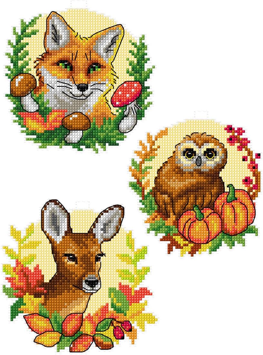 Counted Cross-Stitch Kit on Plastic Canvas with Forest Animals. 3 Cute Ornaments Different Dimensions 142CS. 14 Count Plastic Canvas Sheets 8.27x11.02 Inches. Marvelous for Art & Craft Amateurs
