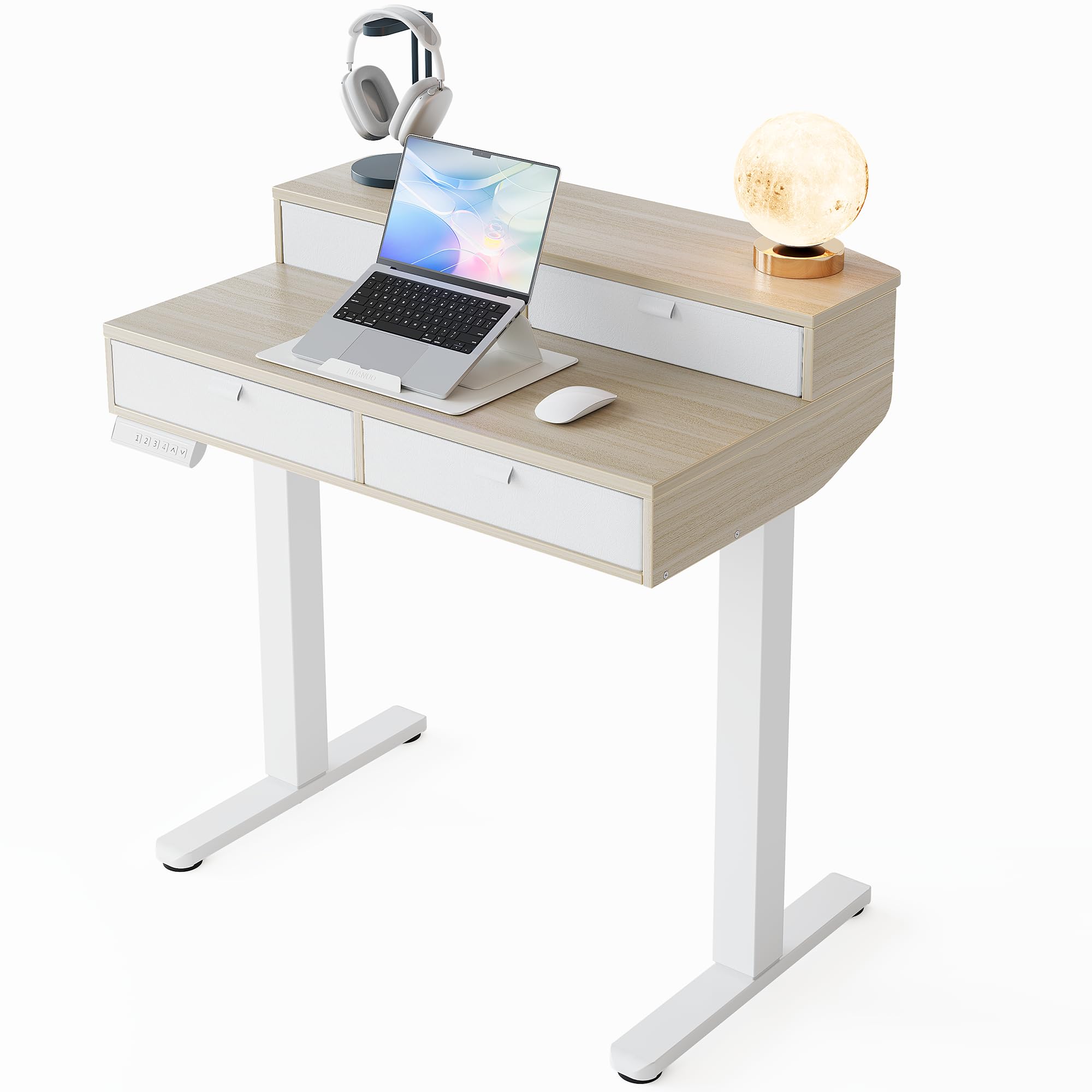 HUANUO 80 x 53 cm Piccola Scrivania con Cassetti, Compatibile Supporto a Morsetto a C, Scrivania Regolabile in Altezza, Scrivania Stand Up Ufficio Domestico 4 Altezza