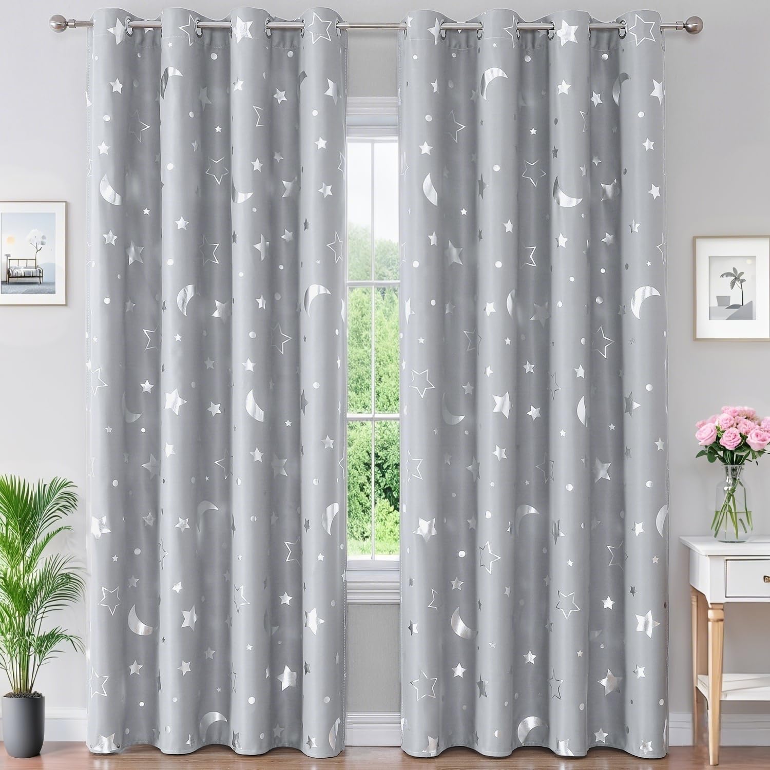 WUBODTI 100% Blackout Grey Curtains for Bedroom Nursery 96 Inch Length 2 Panel Sets, Silver Foil Shiny Big Star and Moon Room Darkening Space Theme Window Curtain for Boys Baby, 52 x96 Inch