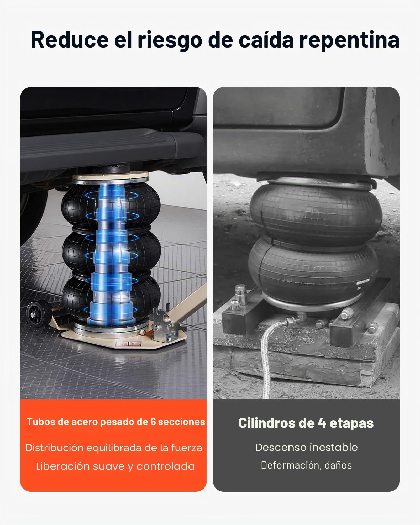 VEVOR Gato Neumático para Coches 3 T, con 6 Tubos de Acero y Manivela Ajustable, Altura de Elevación 140 a 450 mm, para Cambios de Neumáticos y Reparaciones de Vehículo, 1100 x 268 x 140–450 mm