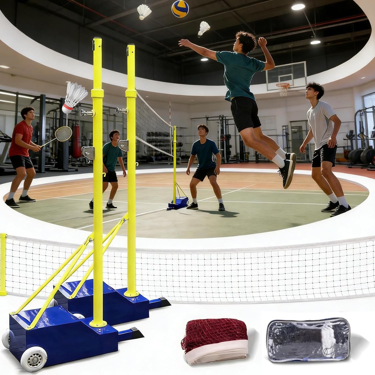 Heavy Duty Volleyball/Badminton Poles,Volleyball/Badminton Poles,Volleyball Poles for Backyard with Wheels,Volleyball Net with Poles Adjustable 4 Heights 5ft-6.9ft,for Indoor&Outdoor