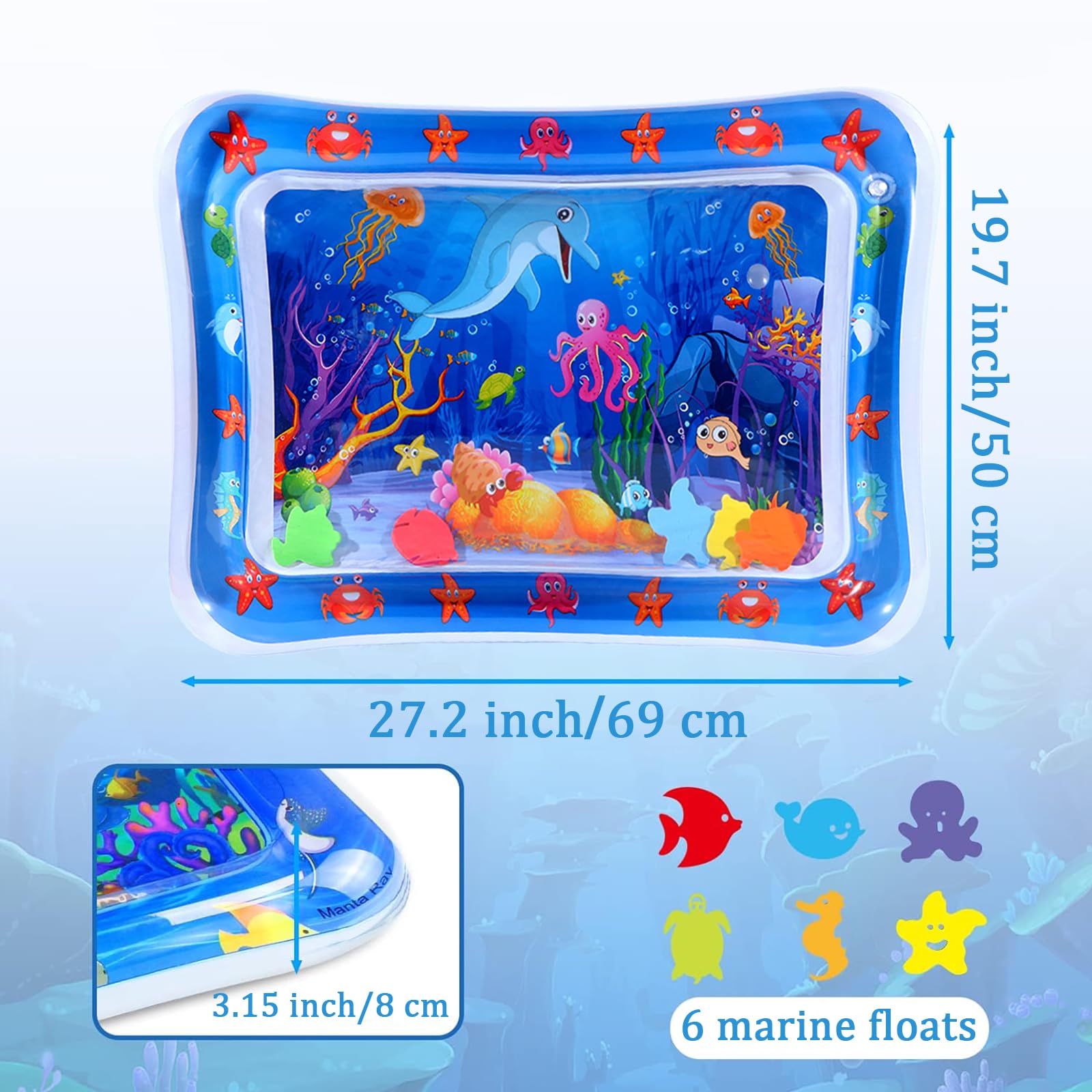 Vinuwu Tappetino gonfiabile ad acqua spesso e confortevole, 50 x 69 cm, delfino con 10 adesivi