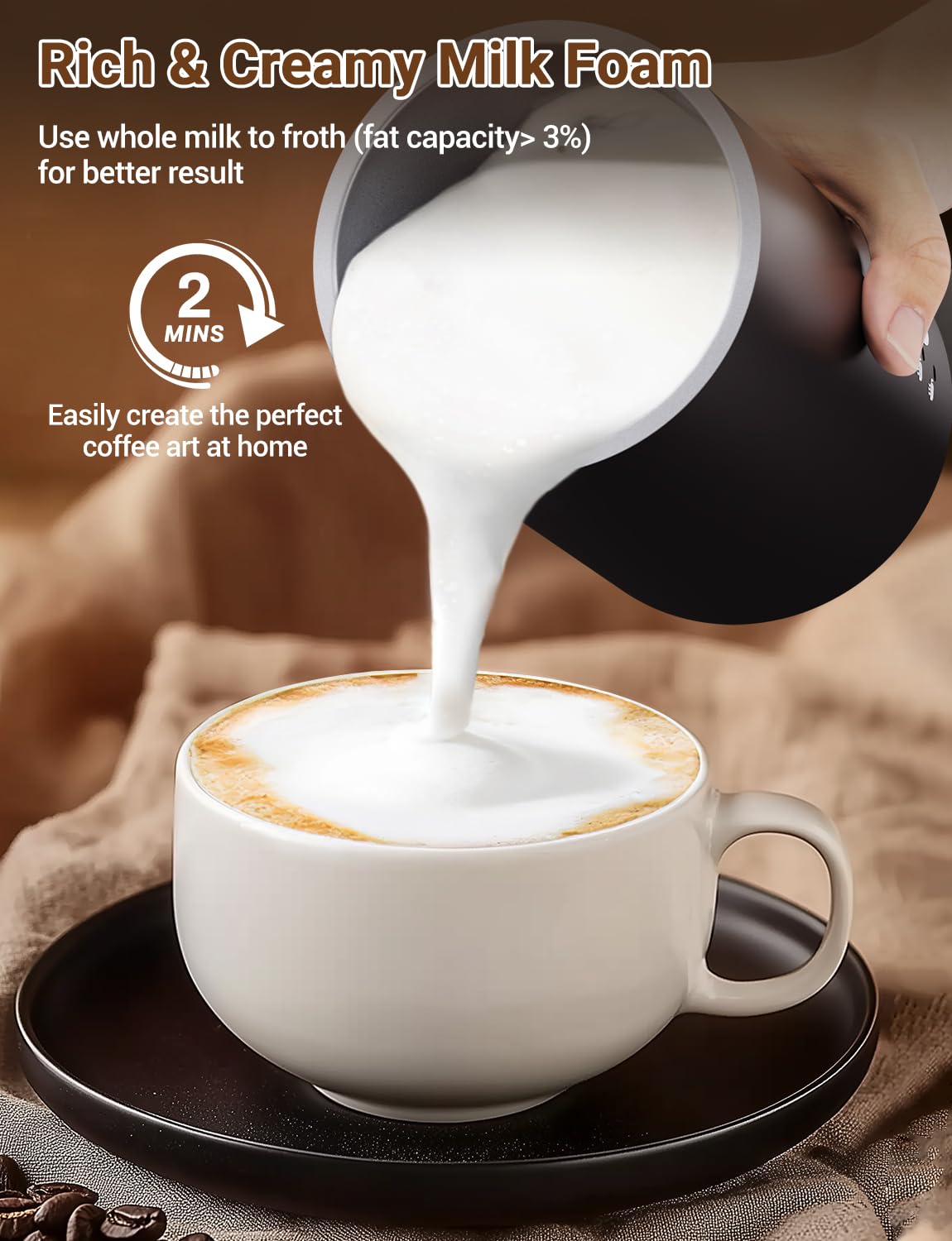 Espumador de Leche Eléctrico 5 en 1 Espumador de Leche Automático 350ML 600W con Revestimiento Antiadherente Espuma de Leche Caliente y Fría y Leche Caliente para Café, Latte, Cappuccino