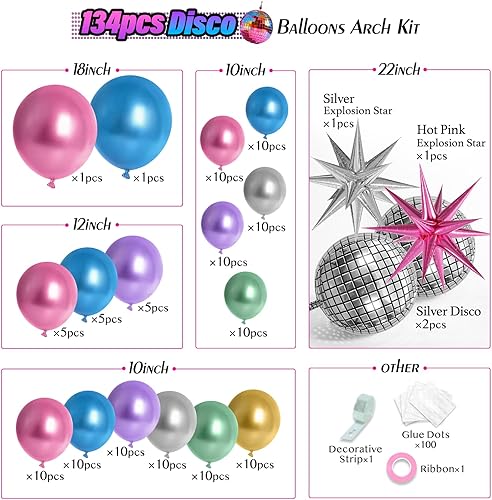 Miniatura 2 de FOTIOMRG Kit de arco de globos de discoteca de 135 piezas con globos de bola de discoteca, globos metálicos plateados, azul, verde, morado, rosa