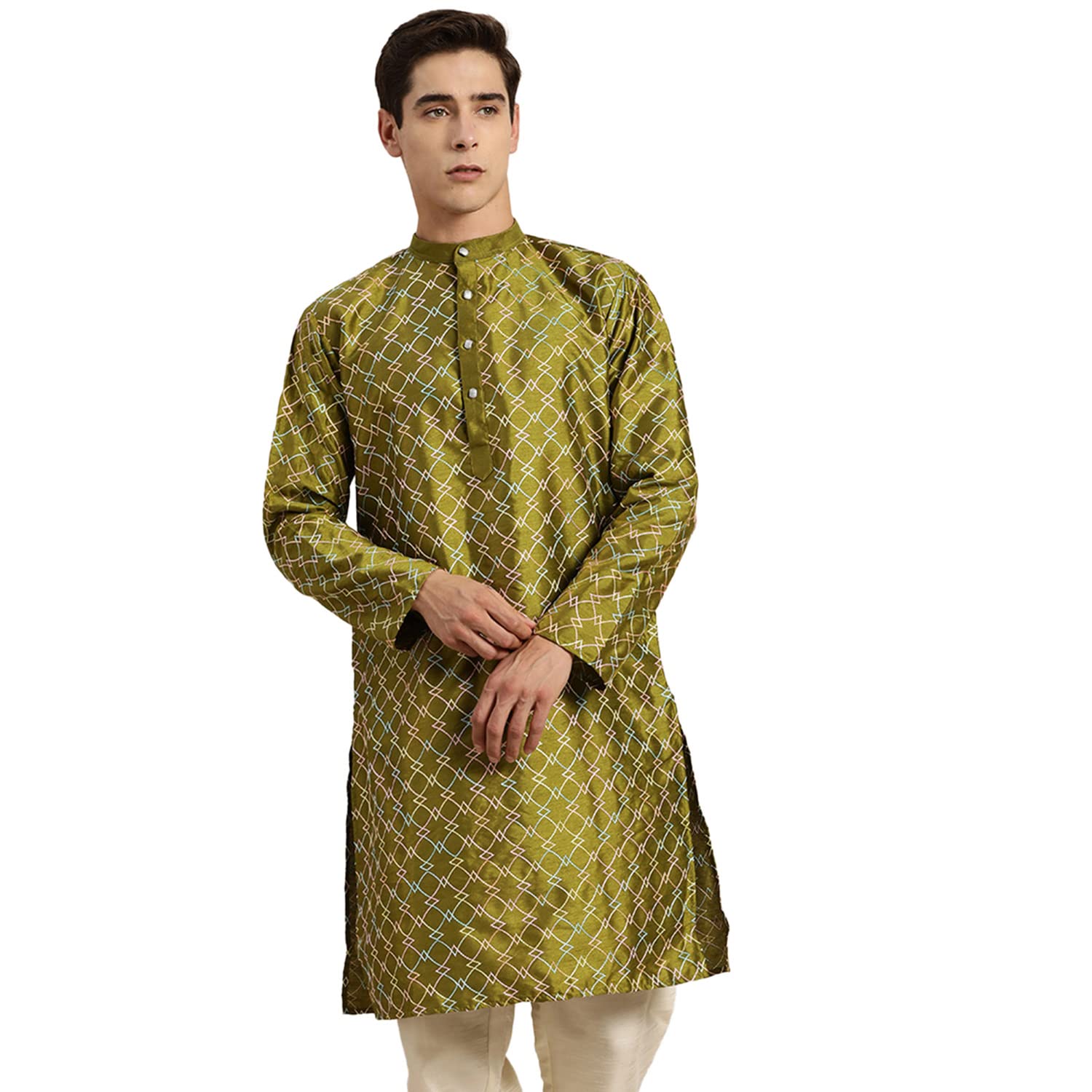 sojanya Men's Silk Blend Geometric Regular Kurta-picture-17