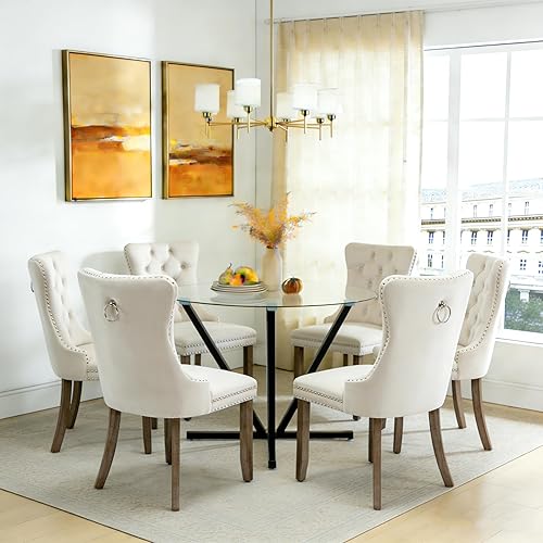 Juego de mesa de comedor de cristal negro de lujo moderno de 45 pulgadas para 6, 7 piezas redondas de vidrio templado para cocina y comedor con Mesa