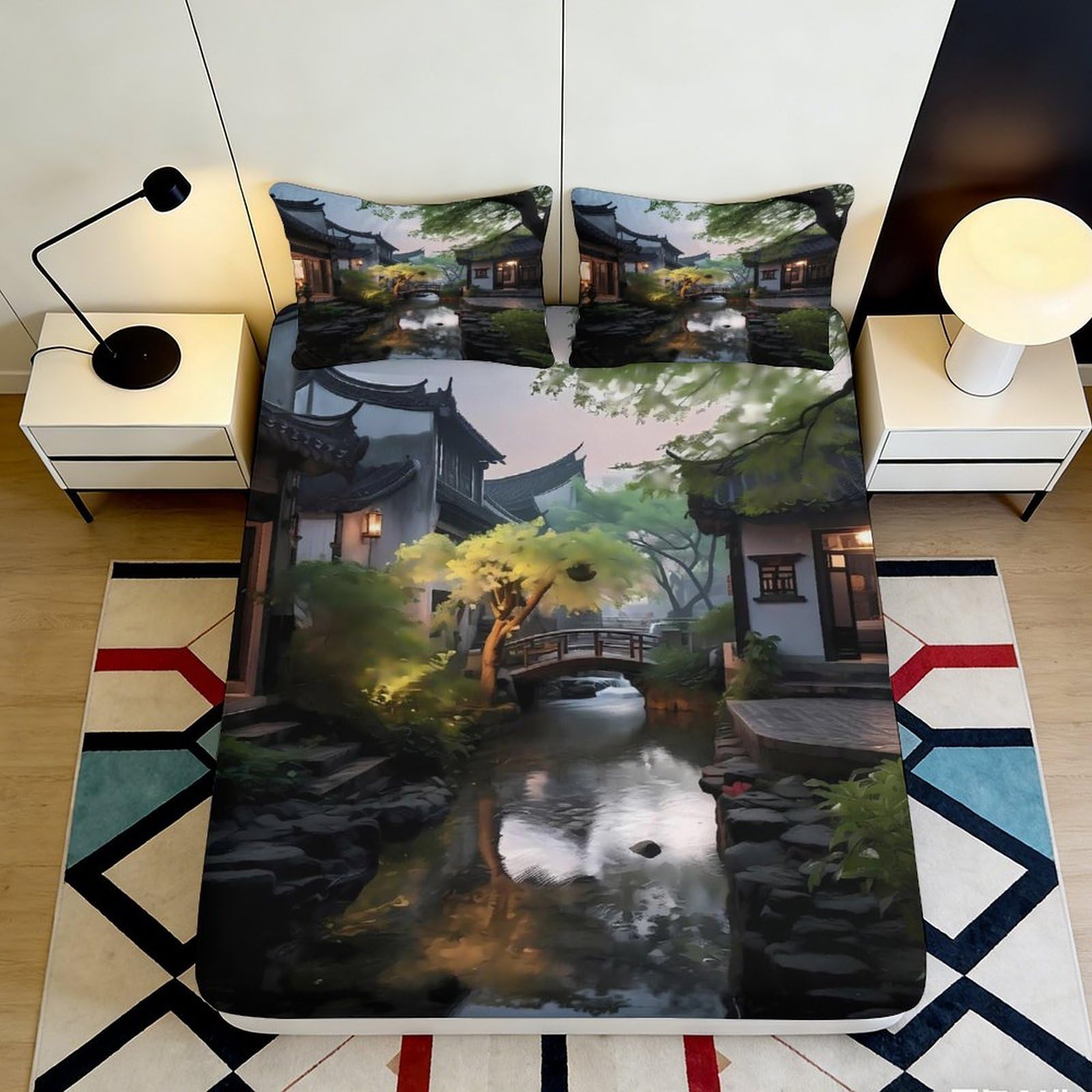 3D Printed Chinese Garden Fitted Sheet Microfiber Artistic Landscape Bed Cover for Bedroom Dorm Protection Decor 90x200x25cm