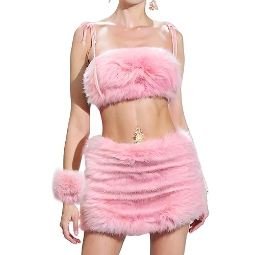 Pink Fuzzy Plush Anime Costume Set for Women - Soft Fur Skirt, Leg Warmers & Hand Cuffs Outfit - Large - Pink